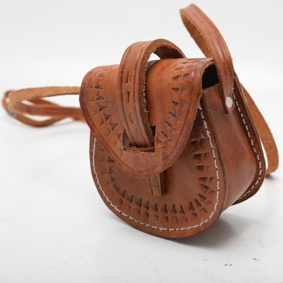 Vintage Mini Tooled Leather Shoulder Bag Purse Costa Rica Handmade Brown Travel - Picture 8 of 9